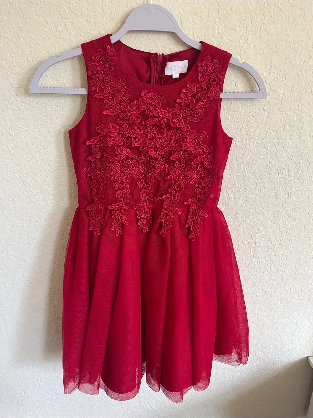 BCBG Girls' Burgundy Floral Lace Tulle Dress